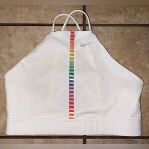 Nike white high neck sports bra with rainbow middle detailing